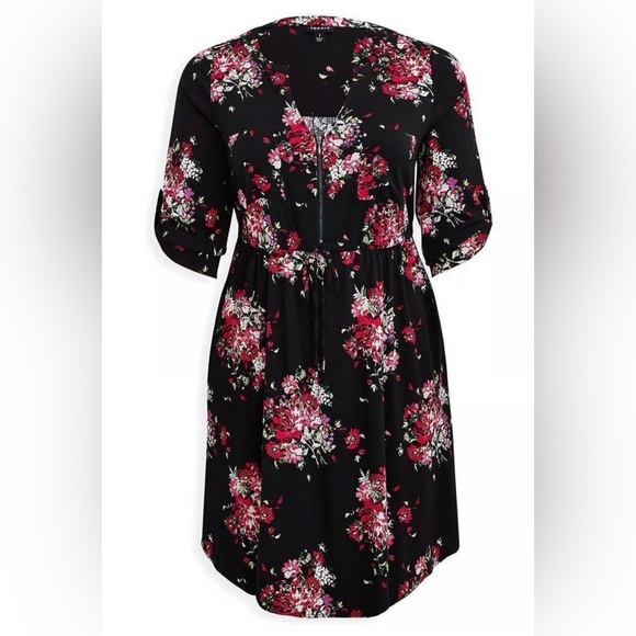 Torrid Floral Tunic Top Dress Size 1 Black Pink Flowers 3/4 Sleeve Rayon Spandex - Picture 2 of 11